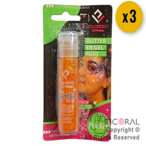 GLITTER EN GEL PELO ROSTRO CUERPO NARANJA FLUO 855-02 X 20 GR x 3